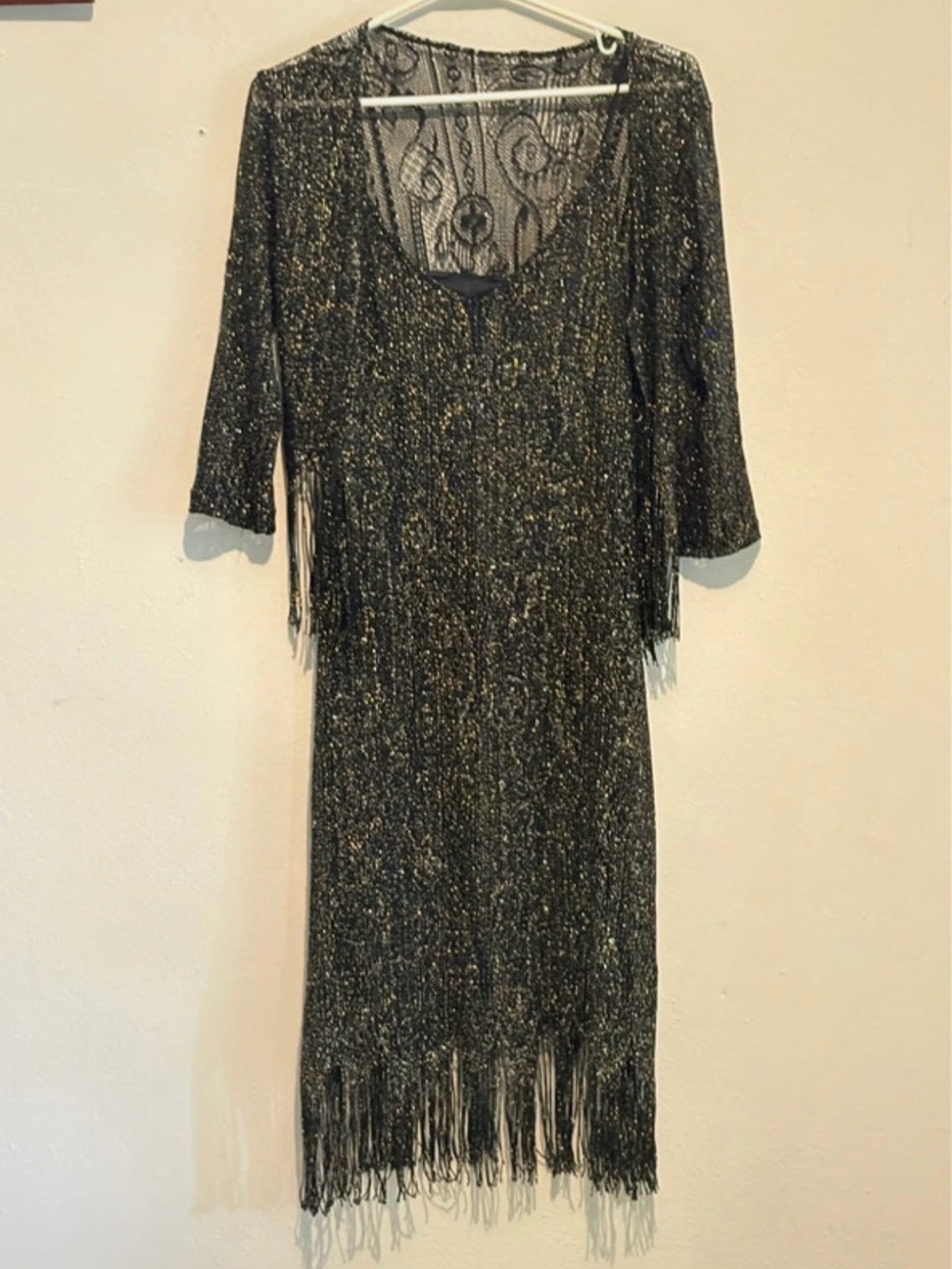 Black & Gold Fringe Midi Dress with Metallic Threading